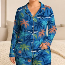 Tropical Palm Trees and Shark Silhouettes for Sunny Beach Getaways Satin Pajamas Set