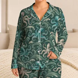 Silver Octopus and Ocean Waves for Coastal Getaways and Relaxed Summer Vacation Days Satin Pajamas Set