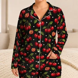 Glossy Red Cherry Motifs for Summer Getaways and Relaxed Weekend Lounging at Home Satin Pajamas Set