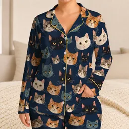 Playful Cat Faces For Cozy Lounging And Relaxed Weekend Comfort For Cat Lovers At Home Satin Pajamas Set
