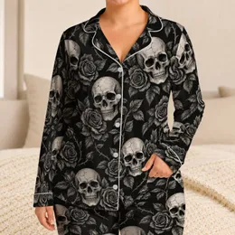 Skull And Rose Motifs for Halloween Nights and Alternative Everyday Style Lovers Satin Pajamas Set