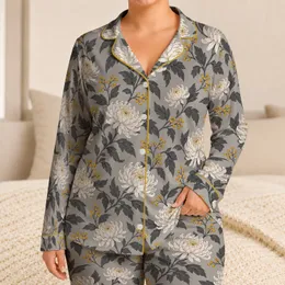 Modern Gray Chrysanthemum Blooms and Golden Berries for Relaxed Coastal Weekends Satin Pajamas Set