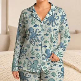 Blue-Green Octopus and Fish Motifs for Relaxed Coastal Getaways and Summer Lounging Satin Pajamas Set