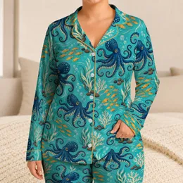 Blue Octopus and Orange Fish Ocean Scene for Relaxed Coastal Getaways Satin Pajamas Set