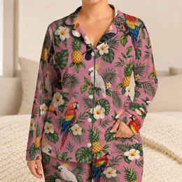 Tropical Parrot And Pineapple Florals For Island Getaways And Relaxed Summer Lounging Satin Pajamas Set