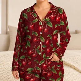 Red Cherry and Green Leaf Motif for Relaxed Summer Lounging and Beach Days Satin Pajamas Set