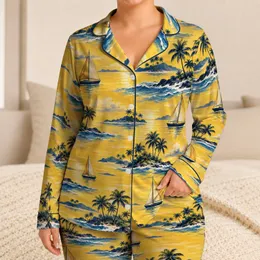 Tropical Coconut Islands, Golden Waves and Sailboats for Relaxed Coastal Getaways Satin Pajamas Set
