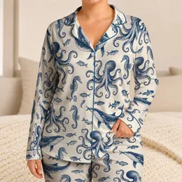 Navy Octopus and Sea Life for Coastal Getaways and Relaxed Ocean-Inspired Living Satin Pajamas Set
