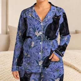 Black Cat Among Violet Flowers for Relaxed Coastal Evenings and Cozy Cat Lovers Everywhere Satin Pajamas Set