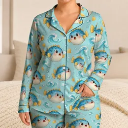 Cheerful Blue Pufferfish Ocean Vibes for Relaxed Coastal Lounging and Summer Getaways Satin Pajamas Set
