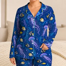 Jellyfish and Tropical Fish in Deep Sea Blue for Relaxed Coastal Evenings and Getaways Satin Pajamas Set