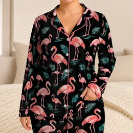 Pink Flamingos on Black for Tropical Summer Getaways and Relaxed Coastal Lounging Satin Pajamas Set