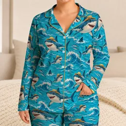 Straw Hat Sharks And Turquoise Waves For Sunny Coastal Getaways And Ocean Lovers Satin Pajamas Set
