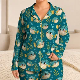 Cheerful Blue Pufferfish and Golden Fins for Playful Ocean Days Satin Pajamas Set
