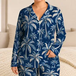 Navy Aegean Palm Trees for Coastal Getaways and Relaxed Summer Lounging by the Sea Satin Pajamas Set