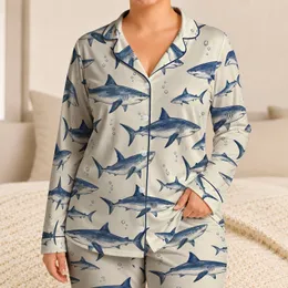 Navy Shark Ocean Motifs for Relaxed Coastal Nights and Easygoing Beach Getaways Satin Pajamas Set
