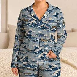 Japanese Ukiyo-e Ocean Waves and Mount Fuji for Relaxed Summer Beach Getaways and Travel Satin Pajamas Set
