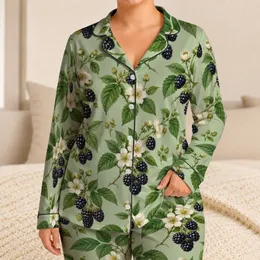 Blackberry Blossom and Green Leaf Botanical Motif for Relaxed Nature Lovers Satin Pajamas Set