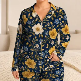 Navy Blue and Golden Wildflowers for Cozy Evenings and Relaxed Weekend Lounging Satin Pajamas Set