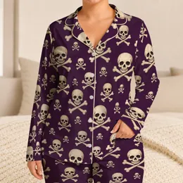 Ivory Skull and Crossbones on Deep Plum for Beach Days and Relaxed Gothic Summer Style Satin Pajamas Set