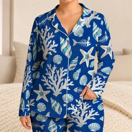 Deep Blue Coral and Starfish Coastal Escape for Relaxed Seaside Vacation Days Satin Pajamas Set