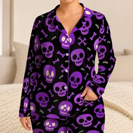 Purple Skull Motifs for Spooky Beach Nights and Relaxed Coastal Lounging for Him Satin Pajamas Set