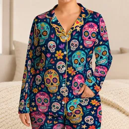 Colorful Day Of The Dead Sugar Skulls For Festive Halloween Relaxation Satin Pajamas Set