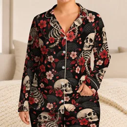 Ivory Skulls and Crimson Blossoms for Dark Gothic Nights and Relaxed Everyday Lounging Satin Pajamas Set