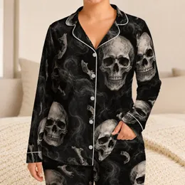 Oversized Monochrome Skull Motifs for Gothic Lounge Nights and Dark Style Enthusiasts Satin Pajamas Set