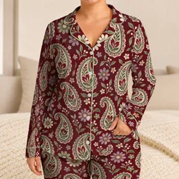 Burgundy Paisley and Daisy Motifs for Relaxed Evenings and Weekend Lounging Satin Pajamas Set