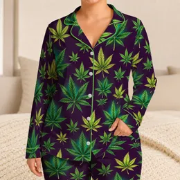 Luminous Green Cannabis Leaves for Relaxed Evenings and Cozy Lounging at Home for Adults Satin Pajamas Set
