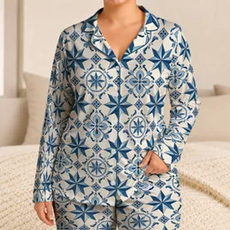 Blue Geometric Starbursts for Coastal Getaways and Relaxed Weekend Lounging by the Sea Satin Pajamas Set