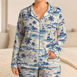 Blue Coastal Seaside Sketches for Relaxing Beach Getaways and Carefree Summer Travel Satin Pajamas Set