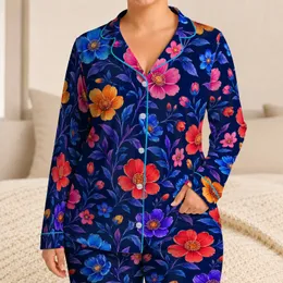Neon Wildflower Blooms for Relaxed Evenings and Colorful Home Lounging Style Satin Pajamas Set