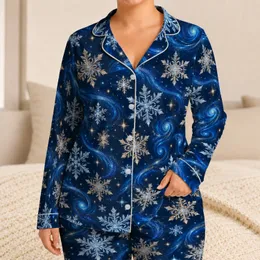 Navy Snowflake and Winter Star Motifs for Cozy Christmas Holiday Nights at Home Satin Pajamas Set