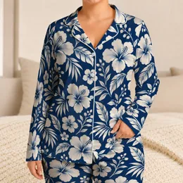 Navy Hibiscus and Tropical Leaf Motifs for Relaxed Seaside Vacation Getaways for Him Satin Pajamas Set