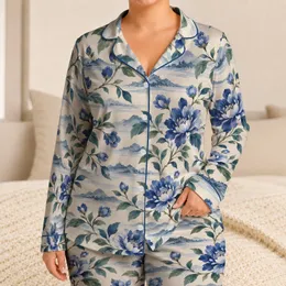 Blue And White Botanical Stripes For Relaxing Coastal Getaways Satin Pajamas Set
