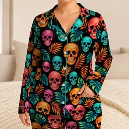 Neon Skull And Tropical Leaf Motifs For Bold Beach Getaways And Summer Lounging Satin Pajamas Set