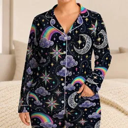 Moon Rainbow and Star Motifs for Whimsical Cozy Nights and Relaxed Lounging Satin Pajamas Set