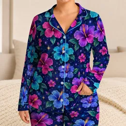 Purple Blue Hibiscus and Starry Night Blooms for Dreamy Cozy Evenings at Home Satin Pajamas Set