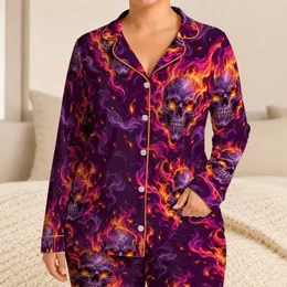 Flaming Gothic Skull Motifs for Spooky Nights and Alternative Lounge Style for Adults Satin Pajamas Set