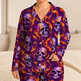 Purple Flaming Skulls for Bold Gothic Nights and Cozy Relaxation Satin Pajamas Set