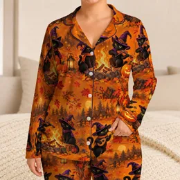 Whimsical Black Cats, Jack-o'-Lanterns & Campfire Cheer for Halloween Nights Satin Pajamas Set