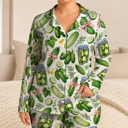 Cucumber And Pickle Jar Print For Cozy Lounging And Sleepovers Satin Pajamas Set