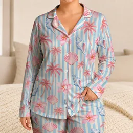 Blue White Coastal Stripes With Seashells, Plumeria, Coral Palms For Holiday Lounging Satin Pajamas Set