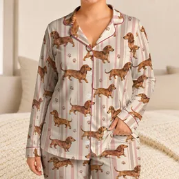 Dachshund Dogs and Blush Stripes for Cozy Weekend Lounging, a Sweet Gift for Her Satin Pajamas Set