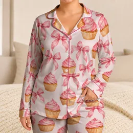 Pink Frosted Cupcakes and Ribbon Bows for Sweet Cozy Home Lounging Gifts for Her Satin Pajamas Set