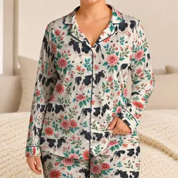 Black And White Cows With Garden Roses For Cozy Farmhouse Lounging And Gift Giving Satin Pajamas Set