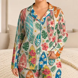 Colorful Surfboard and Hibiscus Motifs for Relaxed Coastal Summer Living Satin Pajamas Set