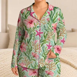 Pink Starfish and Sea Blooms for Coastal Getaways and Relaxed Summer Nights at Home Satin Pajamas Set